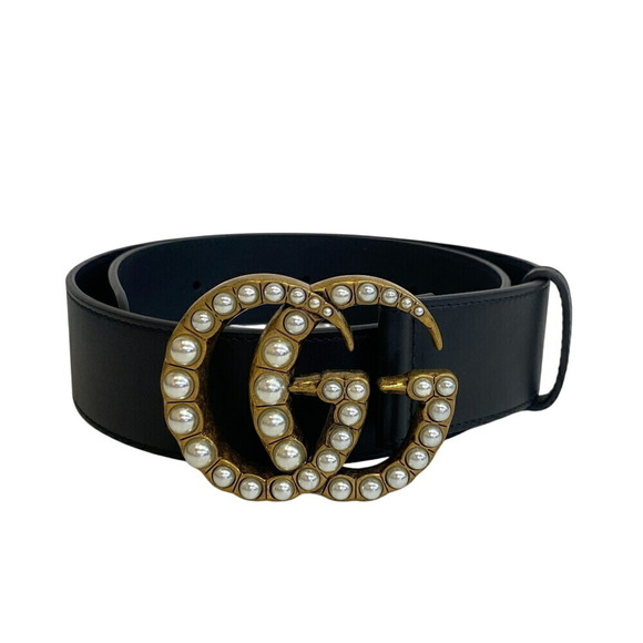 GUCCI Accessories - GUCCI 453260 Faux Pearl GG Marmont Double G Belt in Black for Women